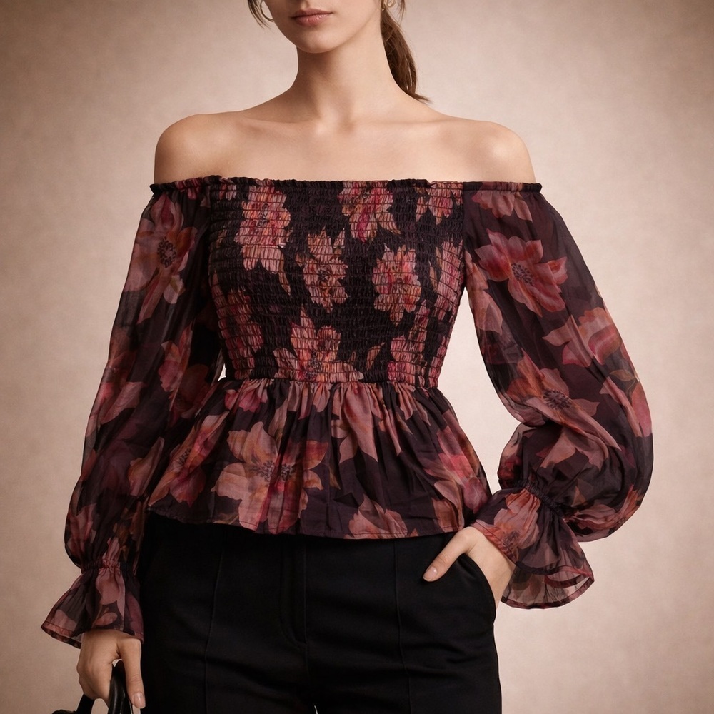 Thirty Thirty Floral Smocked Off Shoulder Puff Sleeve Top XS Boho Romantic
